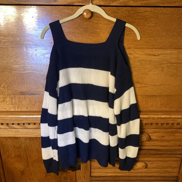 It’s Our Time Blue White Striped Cold Shoulder Sweater - Picture 2 of 12